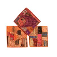 Mogul Orange Indian Handmade Patchwork Vintage Embroidered Decorative Square Accent Pillow Case 16 X 16 Inches