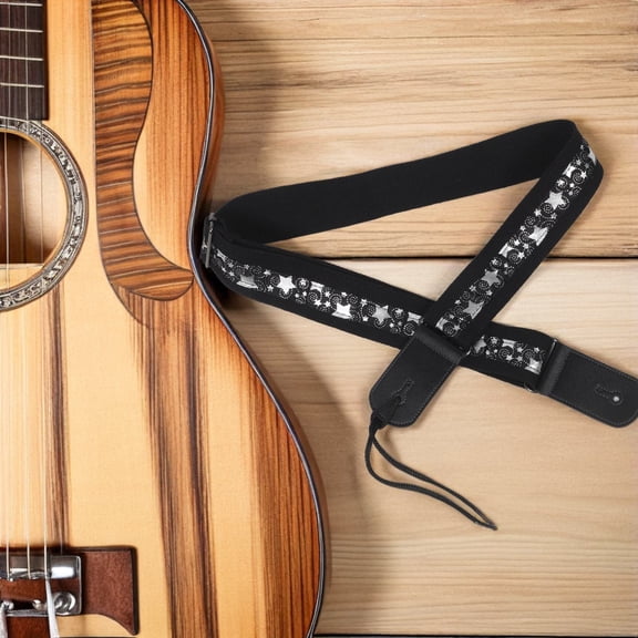DEEPCRAFF Black Adjustable Guitar Strap with Padded Shoulder Cushion and Stylish Star Design for Acoustic, Electric, and Bass Guitars