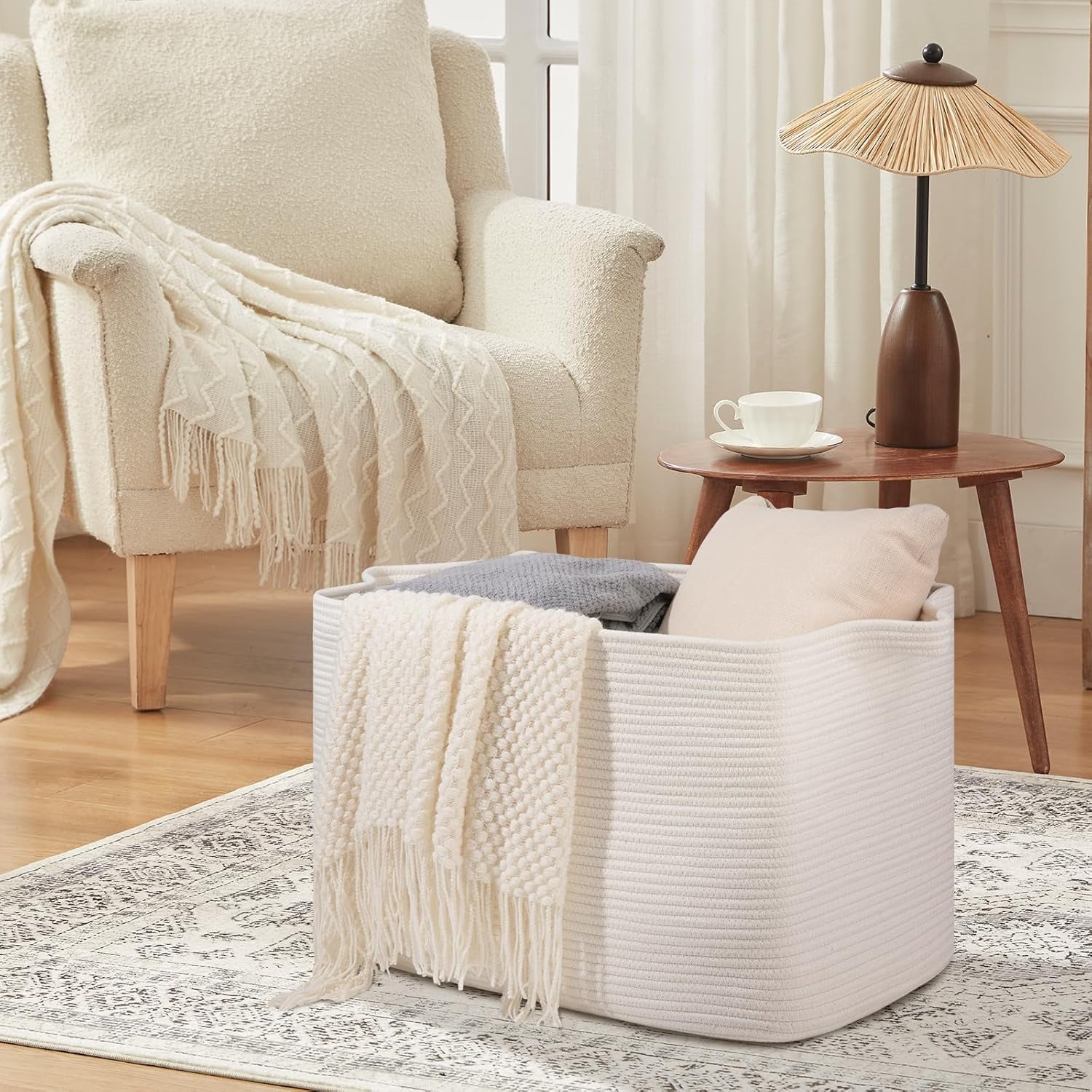 108L Extra Large Blanket Basket, 24.8" x 16.2" x 16.2" Rectangle Woven Storage Baskets for Living Room, Nursery, Bedroom, Toy Basket with Handle (White)