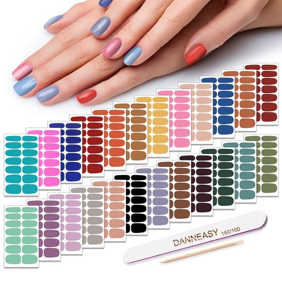 Tiras de esmalte de uñas Color sólido DANNEASY 24 hojas pegatinas adhesivas para esmalte de uñas envolturas de uñas para mujeres 1 pieza lima de uñas cutícula Stick