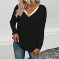 thumbnail image 2 of XPMWRP Womens Long Sleeve Oversized Tops V Neck Color Block Lightweight T Shirts Comfy Soft Loose Fit Fashion Pullover Black XXL, 2 of 5