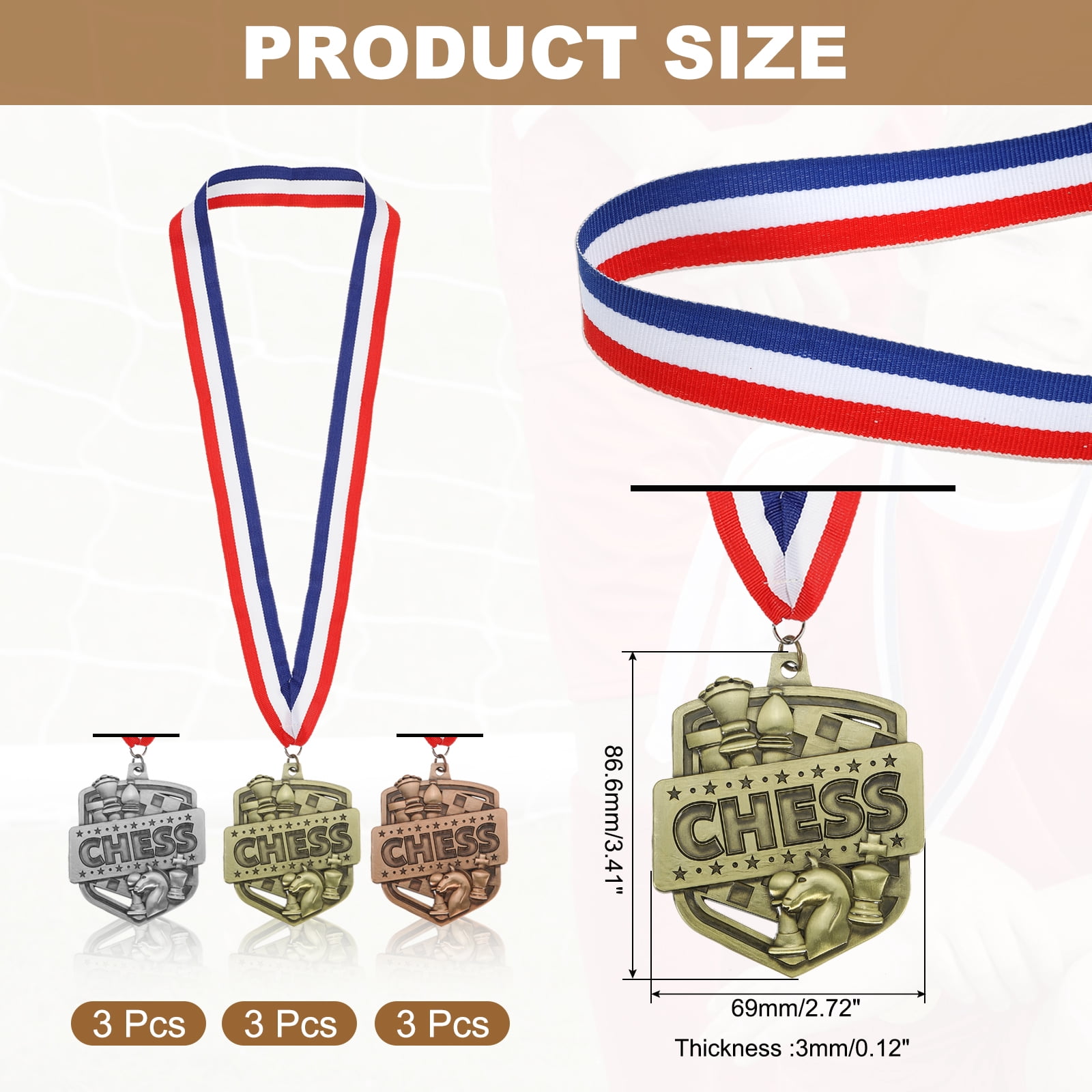Uxcell Chess Tournament Gold Silver Bronze Award Medals with Red & White & Blue Ribbons, 9 Pcs Winner Medals Prizes for Competitions Sports Party, Gold/Silver/Red