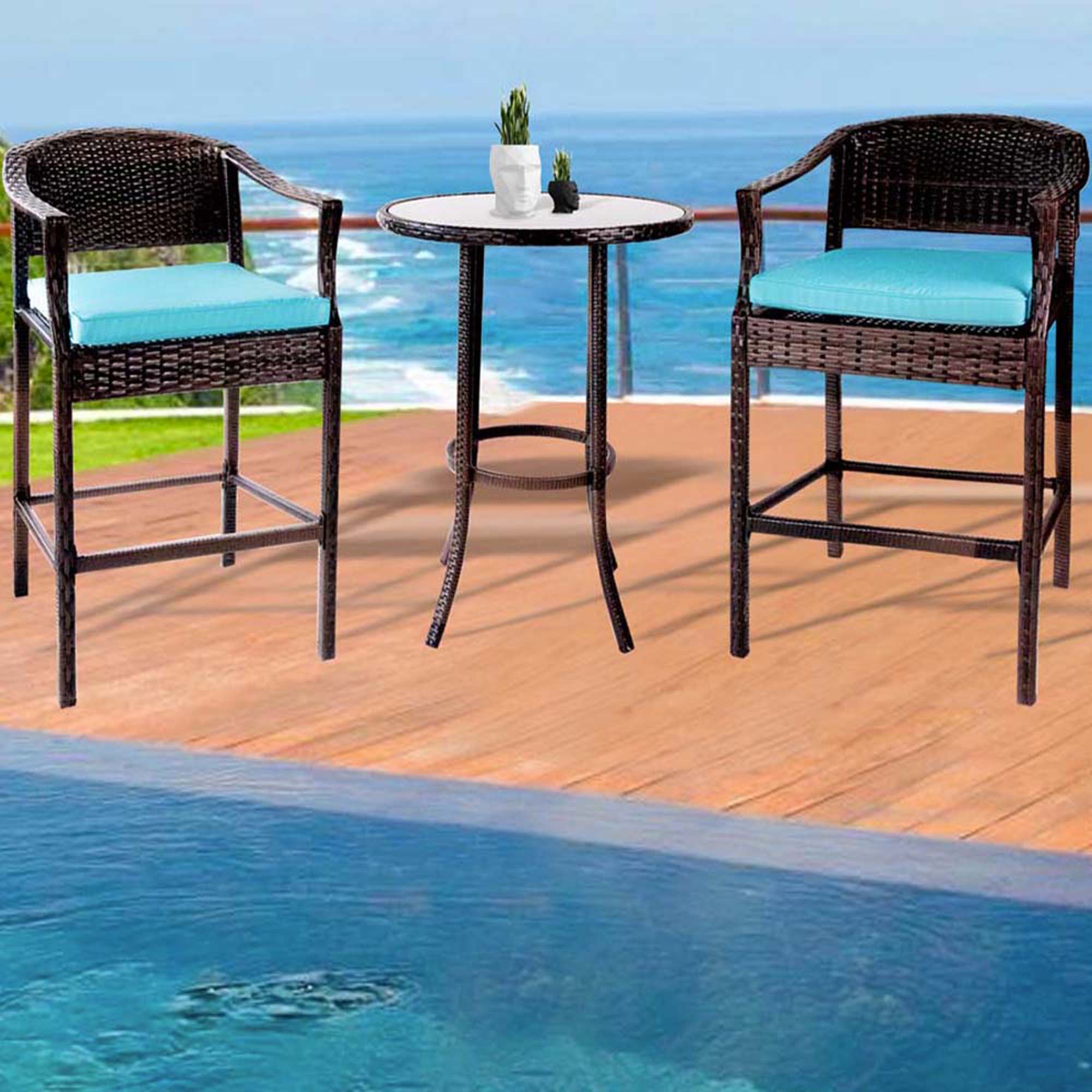 Lightweight Patio Bistro Set, 3 Piece Outdoor Bar Table & Chairs Set, 2 High Bar Chairs & 1 High Glass Top Table, All Weather Metal Frame Furniture Set, Outdoor Patio Set for Garden Yard Cafe, T156 - image 3 of 8