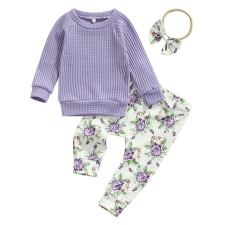 

Sunisery 3PCS Newborn Infant Baby Girls Solid Color Long Sleeve O-Neck Tops Floral Print Long Trousers Purple 12-18 Months