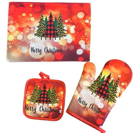 

3-Pack Heat Resistant Oven Gloves Towels Placemats Christmas Decorations with Soft Cotton Cooking Lined Microwave Gloves Set E