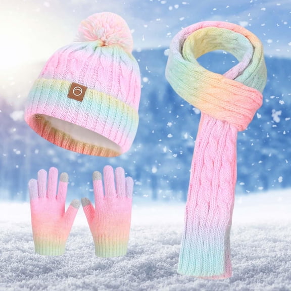 Toddler Winter Beanie Hat Scarf Gloves Set for Girls Boys Knit Warm Pompom Toddler Hats Mittens Neck Warmer,Pink