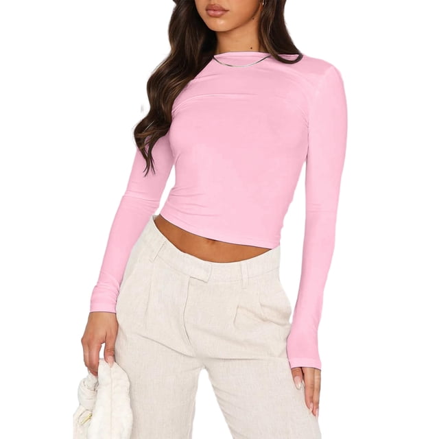 Blusa Mangas Largas Camisa de manga larga para mujer, informal, básica, color sólido, para primavera y otoño Kuymtek Rosa T S para Mujer