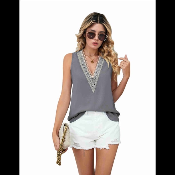 Camisetas Sin Mangas para Mujer, Blusa de Encaje Sin Mangas con Cuello en V, Chaleco Informal, Camisola de Verano, Camisas Grises S