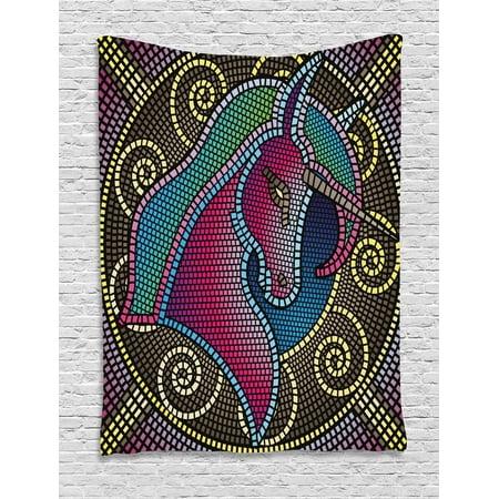 Creatures Mosaic - Fantasy Tapestry, Fractal Unicorn Figure with Mosaic Art Tile Effects Girlish Creature Display Print, Wall Hanging for Bedroom Living Room Dorm Decor, 40W X 60L Inches, Multicolor, by Ambesonne