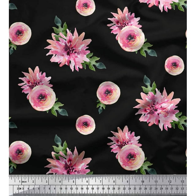Soimoi Tissu en Rayonne Noir Ranunculus & Chrysanthème Imprimé Floral Tissu d'Artisanat au Mètre 42 Pouces de Large