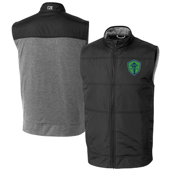 Men's-Cutter & Buck  Black Seattle Sounders FC Stealth Hybrid Quilted Windbreaker Full-Zip Vest