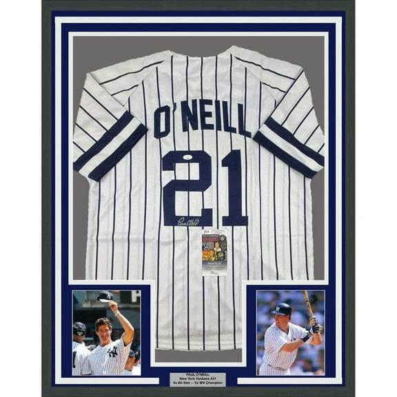 Framed Autographed/Signed Paul O'Neill 35x39 New York Pinstripe Baseball Jersey JSA COA