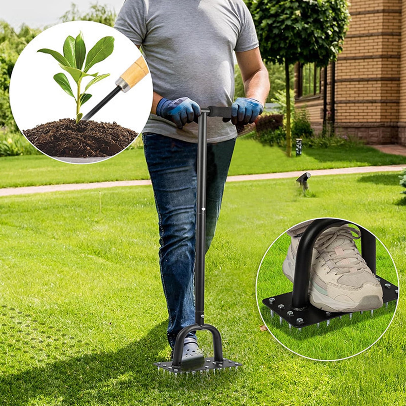 YAHHU Lawn Aerator Spike 34.6 In / 87.88 cm Extended T Shaped Handle Manual Lawn Aerator Tool Heavy Duty Steel Grass Aerator Tool For Yard Garden Soil Aeration And Landscaping Maintenance