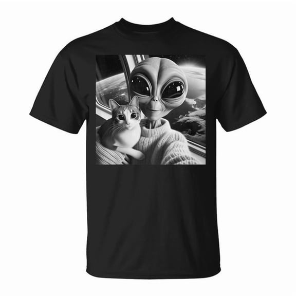 Cute Alien Cat Selfie Tee UFO Earth Photo Theme Unisex Adult Cotton Funny Sci-Fi Graphic Shirt, Size 2XL, Color Black