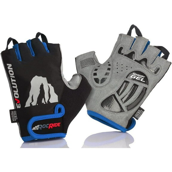 RocRide Mens Cycling Gloves with Gel Padded Protection. Road and Mountain Biking. Half Finger with Pull Tabs. MENS LARGE BLUE
