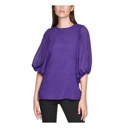 CALVIN KLEIN Womens Purple Textured Balloon Sleeve Crew Neck Top Plus Size: 3X