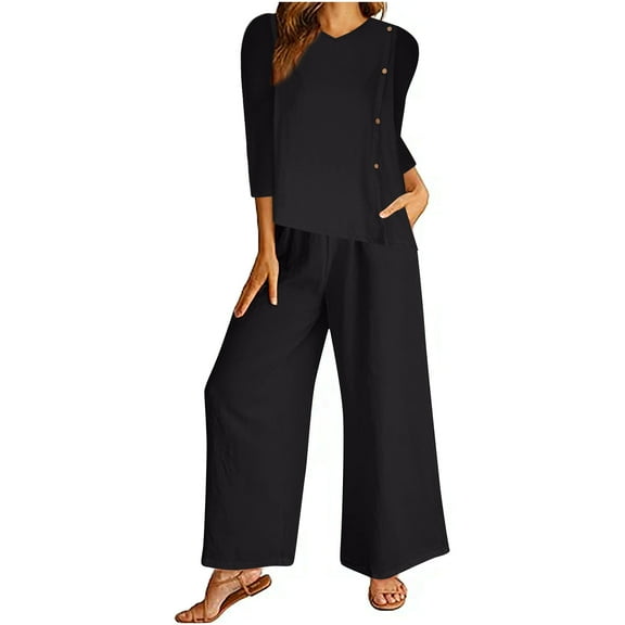 Scyoekwg Two Piece Outfits for Women Cotton Linen Lounge Sets Casual Sweatsuits Sets Loose Solid Color Tracksuit Trendy Short Sleeve Round Neck Tops Wide Leg Pants Outfits (Black,XXXXXL)