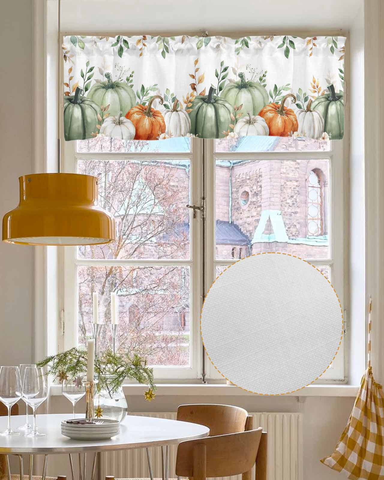 Thanksgiving Pumpkin Kitchen Valances for Windows Farmhouse Linen Window Valance Curtain for Living Room Window Treatment Fall Sage Green Eucalyptus Flower Valance Rod Pocket Topper, 54 x 18 Inch