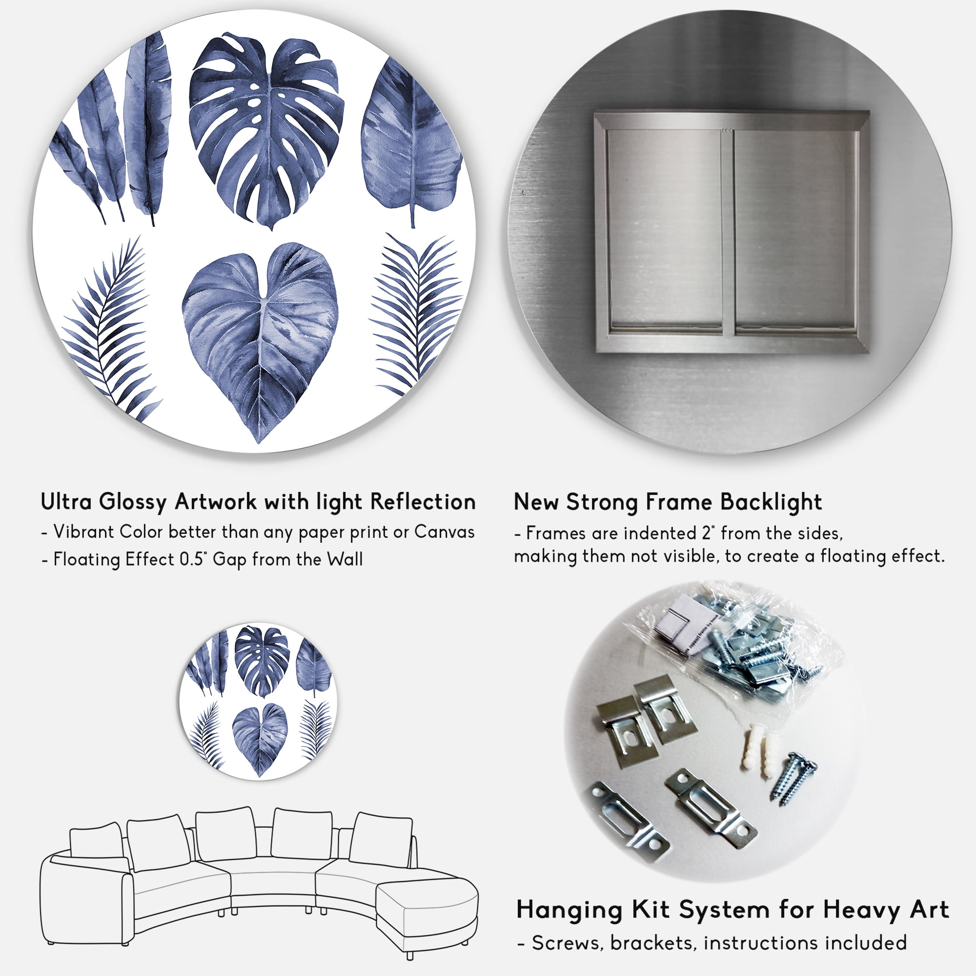 Designart 'Blue Watercolour Tropical Leaves I' Farmhouse Circle Metal Wall Art 23x23 - Disc of 23