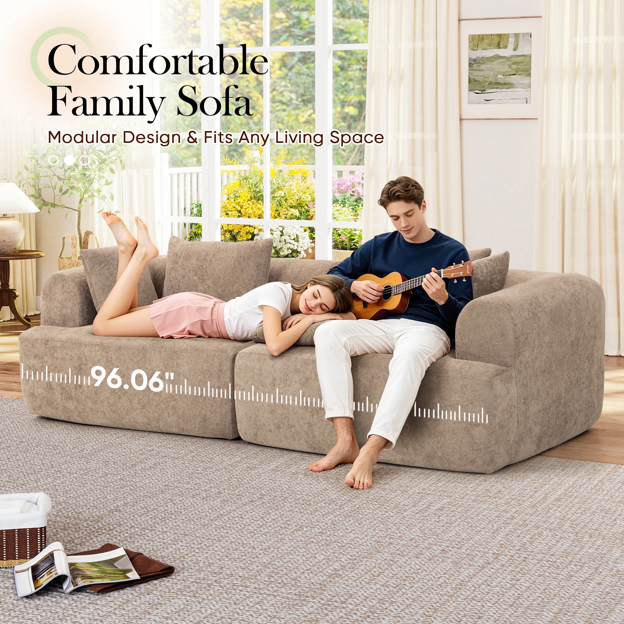 Muumblus Boneless Modular Sectional Sofa, 96" Oversized Deep Seat Loveseat Sofa, Cozy Cloud Living Room Couch, Brown Teddy