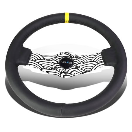 NRG Innovations NRG-RST-021R-WAVE-Y NRG 320mm 6-Bolts Black Leather Yellow Stripe / Black&White 2-Spoke Light Weight Steering Wheel
