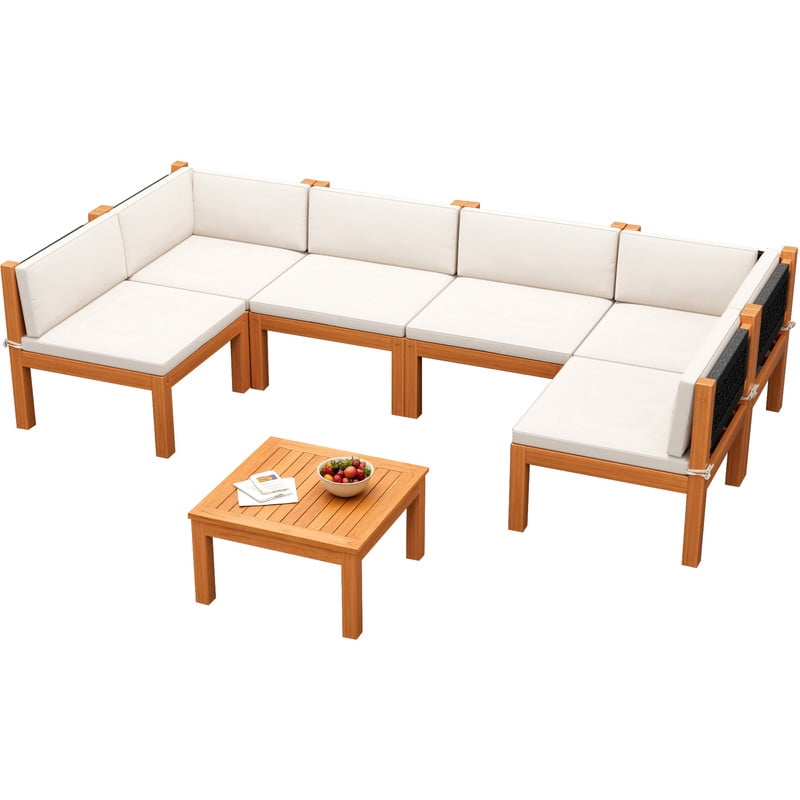 Vineego 7 pieces Patio Acacia Wood Sectional Sofa with Cushions，Outdoor Furniture Set for Porch, Yard and Balcony