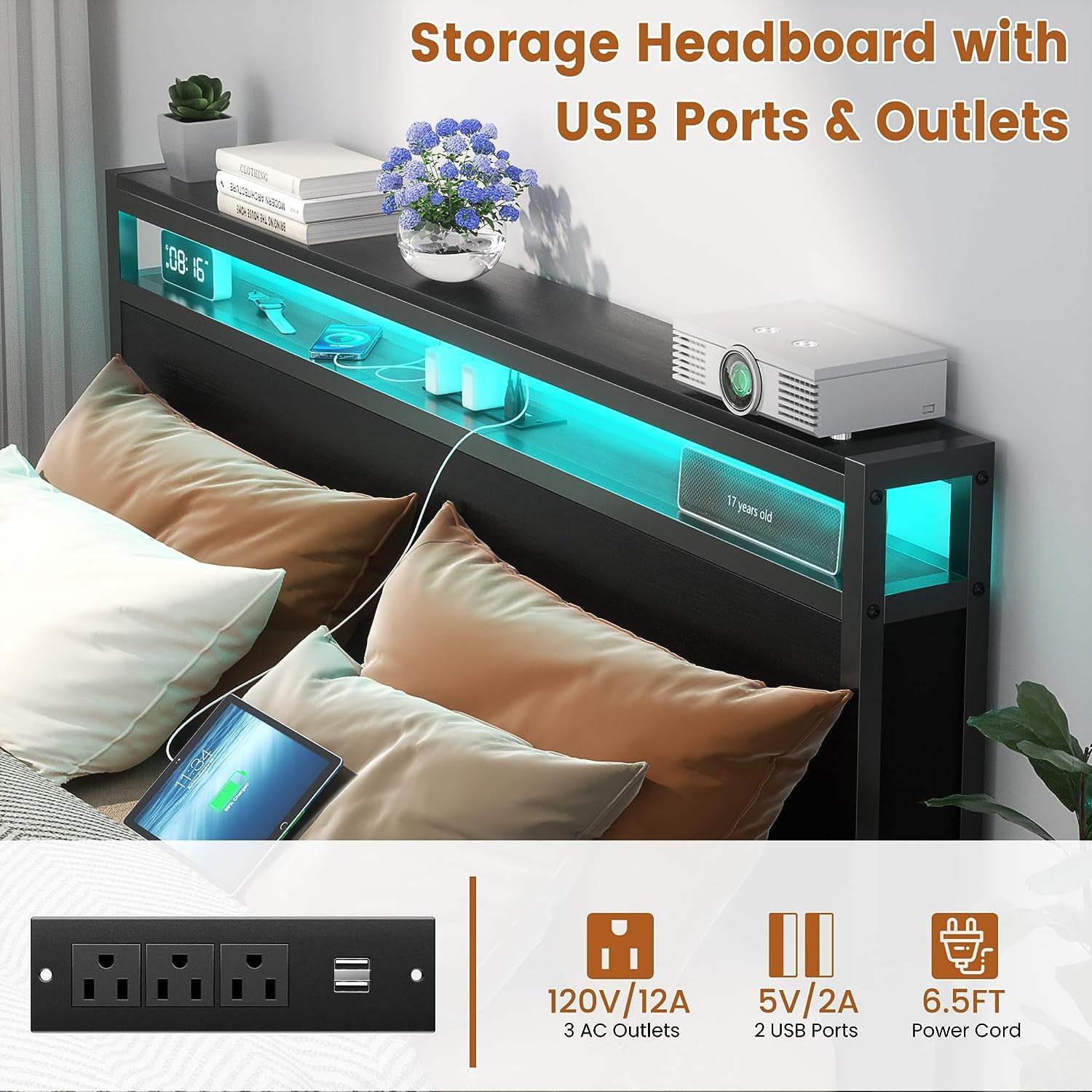 Homieasy Full Size Bed Frame with Charging Station and LED Strips, Industrial Platform Bed with Headboard and Storage, Steel Slat Support, No Box Spring Needed, Noise-Free, Easy Assembly, Black