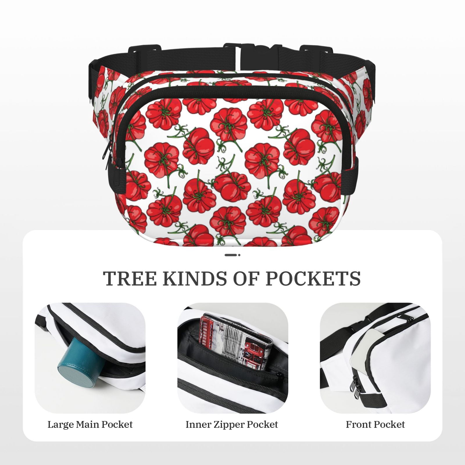 Picia Hand Drawn Tomatoes Print Square Double-Layer Waist Bag Mini Adjustable Waist Belt Bag Exercise Running Travel Hiking