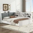 thumbnail image 2 of Harper & Bright Designs Full Size Wooden Storage Daybed, Platform Bed with 2 Drawers & Flip Headboard & Shelves, L Shaped Full Floor Bed with Upholstered Headboard, White, 2 of 20
