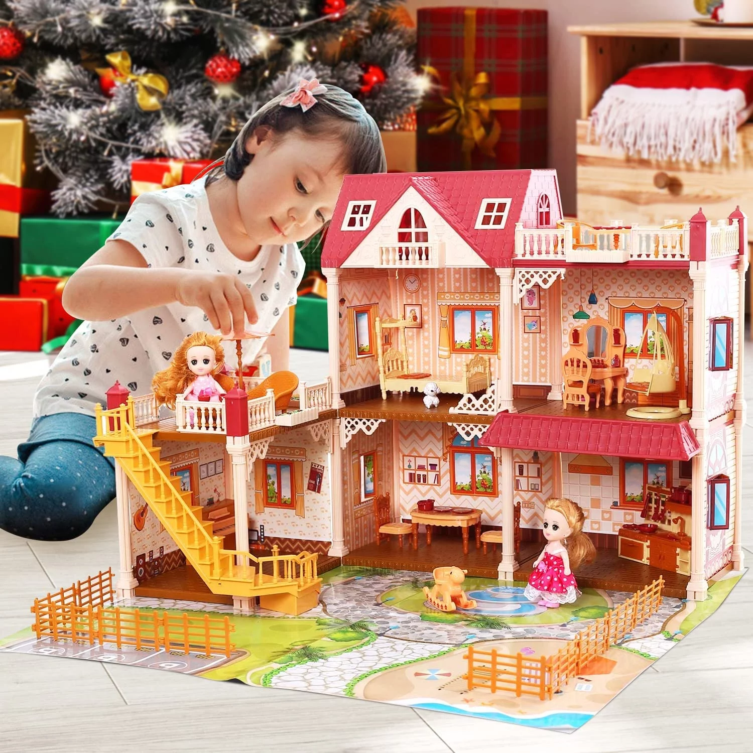 JoyStone Dollhouse 5 Rooms with 2 Dolls Playset with Play Mat, Furniture&Light Strip, Gift Toy for Kids Ages 3-8