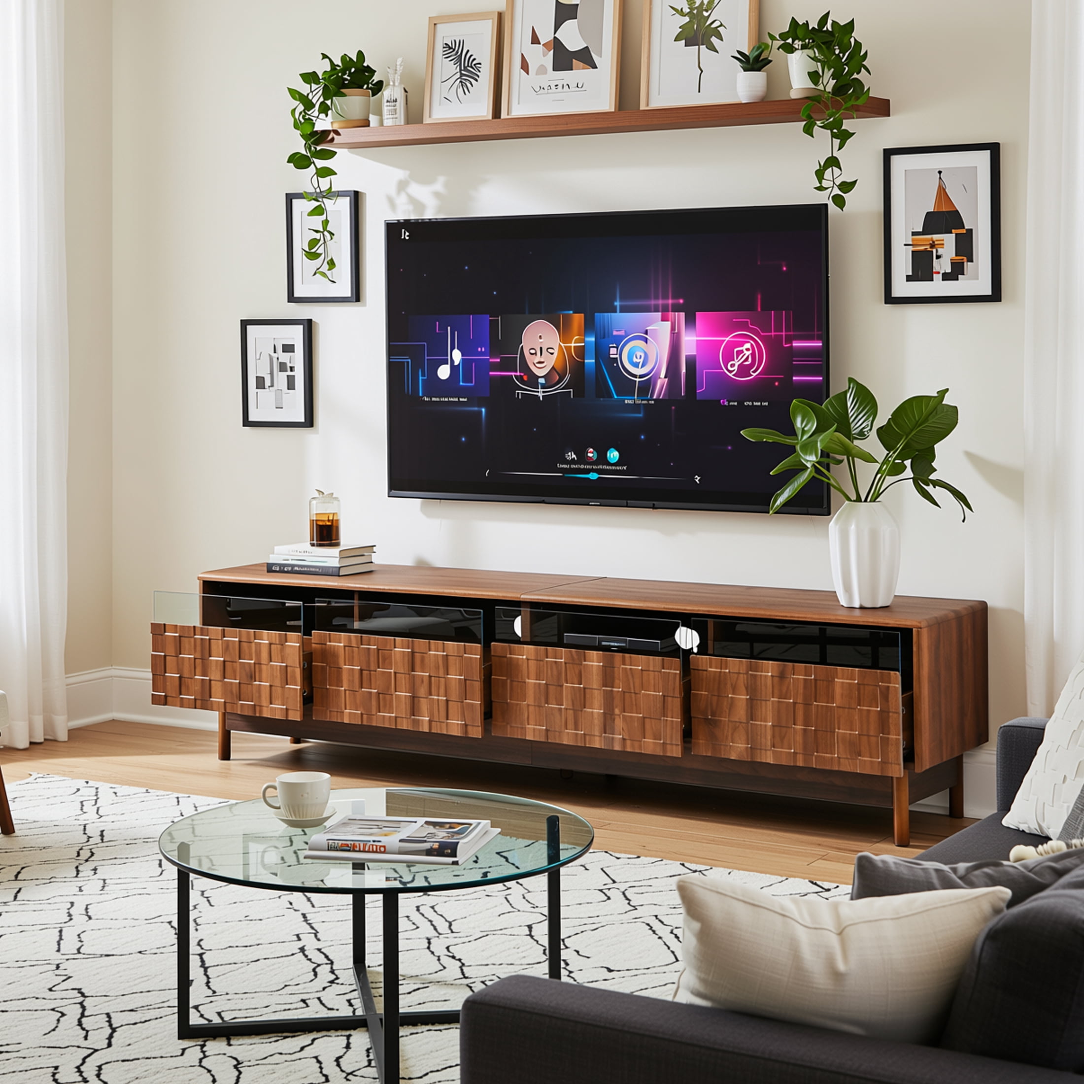 Homy Casa 78.7" Fluted TV Stand for TVs up to 85", Media Console with 4 Glass-Front Drawers, Walnut