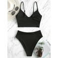 thumbnail image 5 of ZAFUL for Women Two Pieces Swimwear Adjustment Ribbed High Leg Surplice Tankini Swimsuit Black L, 5 of 8