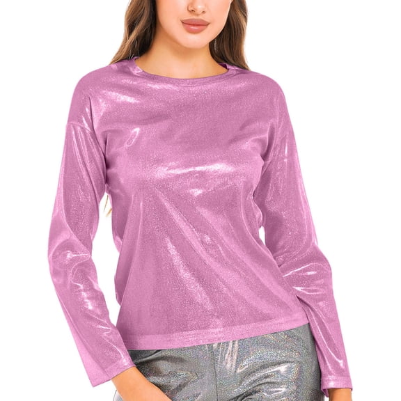 Long Sleeve Shirts For Women Solid Color Reflective Shiny Metallic Round Neck Top T Shirt Womens Long Sleeve Tops