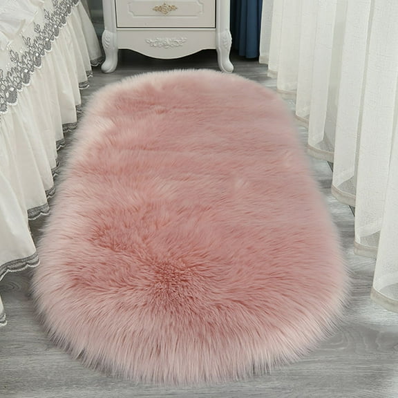 Pink Fluffy Area Rugs Oval 2 x 4ft Soft Shaggy Faux Fur Sheepskin Rug Plush Fluffy Carpet for Bedroom Bedside Living Room