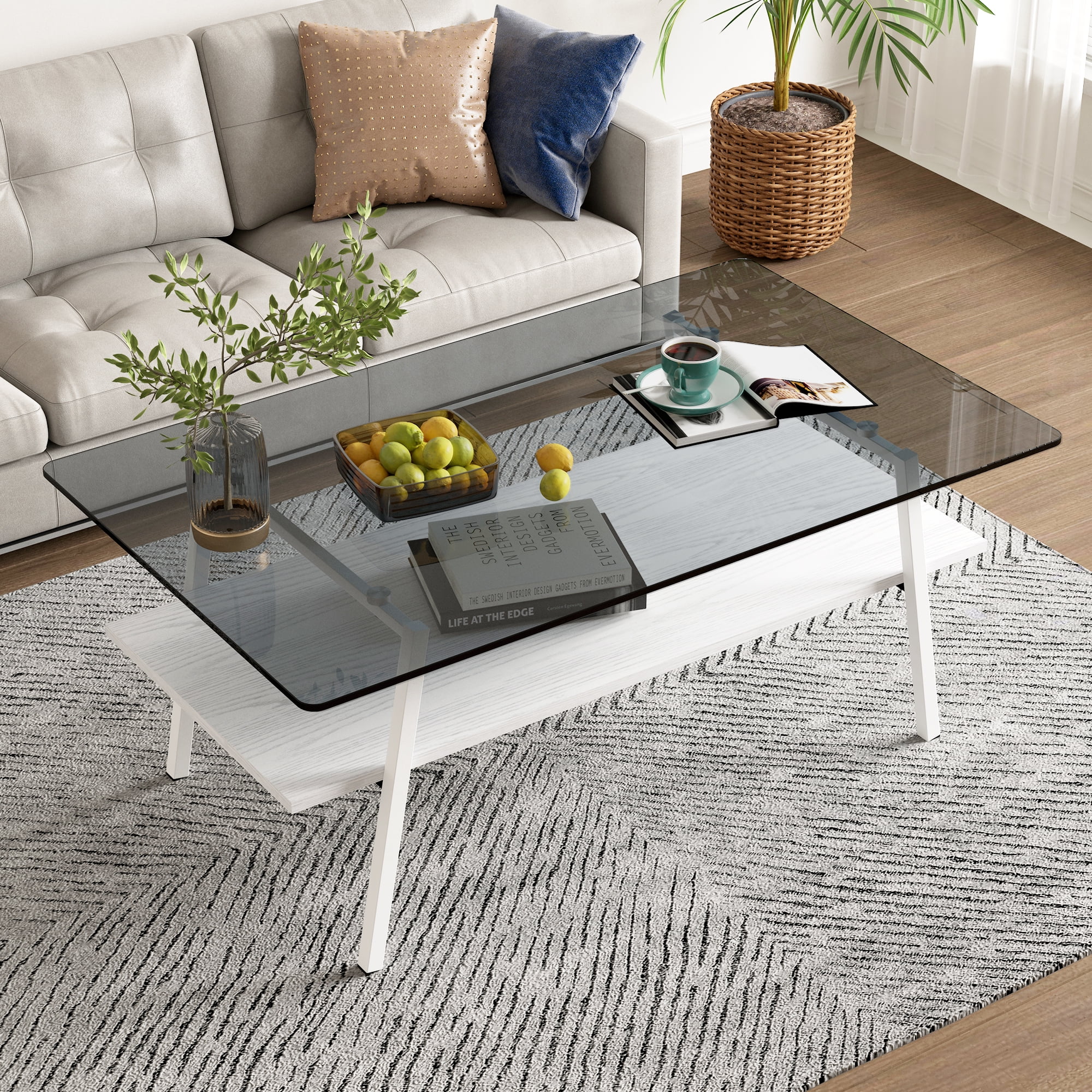 Euroco Rectangle Coffee Table, Tempered Glass Tabletop with White Metal Legs, Modern Table for Living Room , Gray Glass