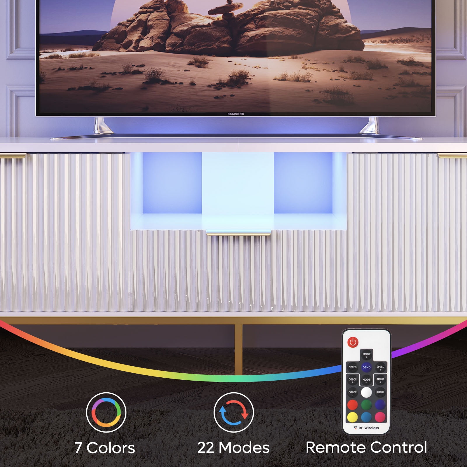 Bestier 55" LED TV Stand for TVs up to 60" Modern High Gloss Entertainment Center with Drawers Cabinets Fluted TV Console, White & Gold
