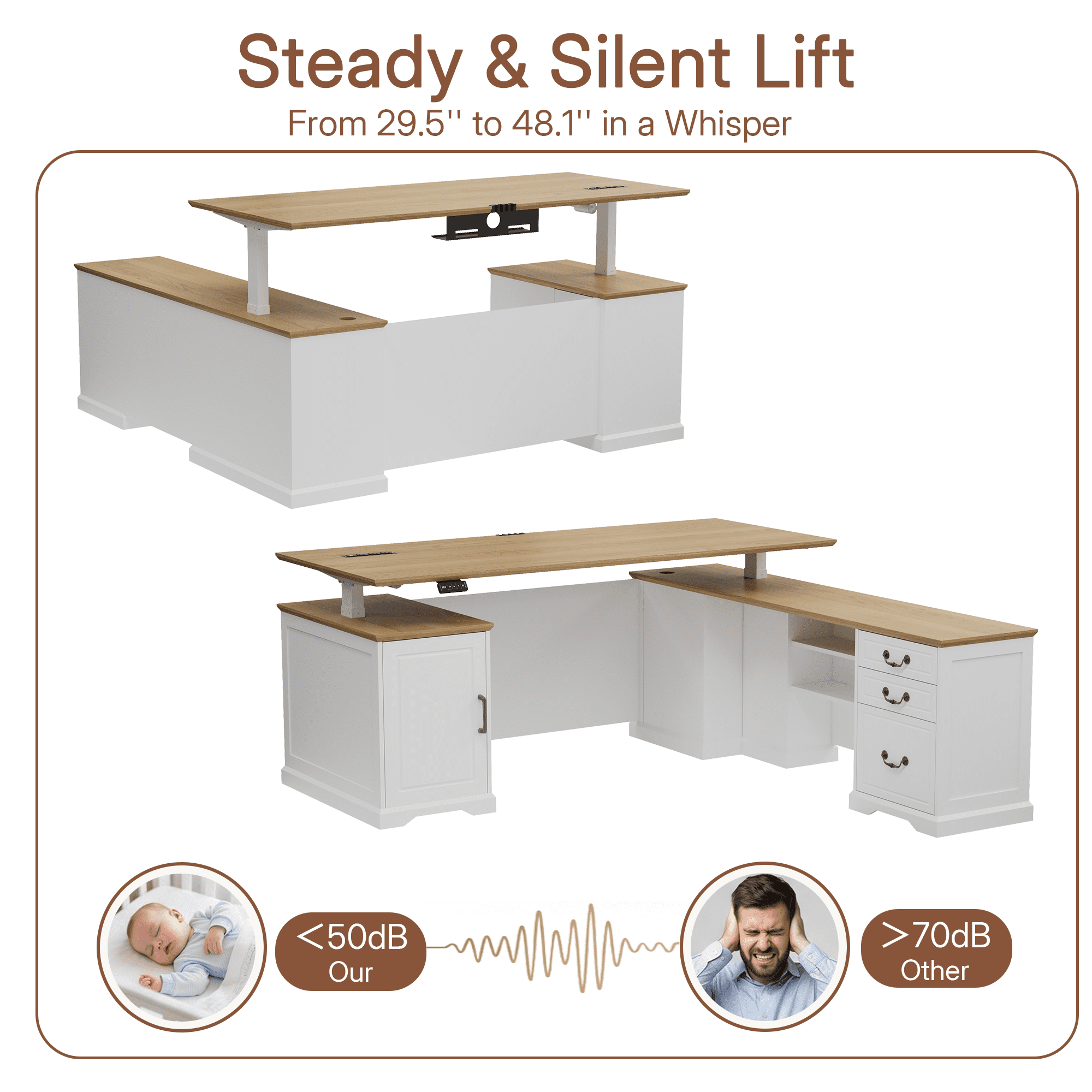 71" L-Shaped Executive Standing Desk, White Sit Stand Desk with Drawers, AC/USB Outlets, Storage Cabinet & Privacy Panel for Office & Home