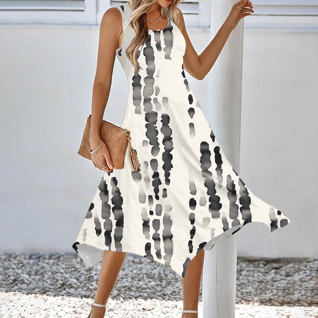 Ovzne Robes Grande Taille pour Femmes Courbes Robe Femme Mode Été Plage Imprimé Poches Débardeur Col Rond Sans Manches Robe de Vacances en Liquidation