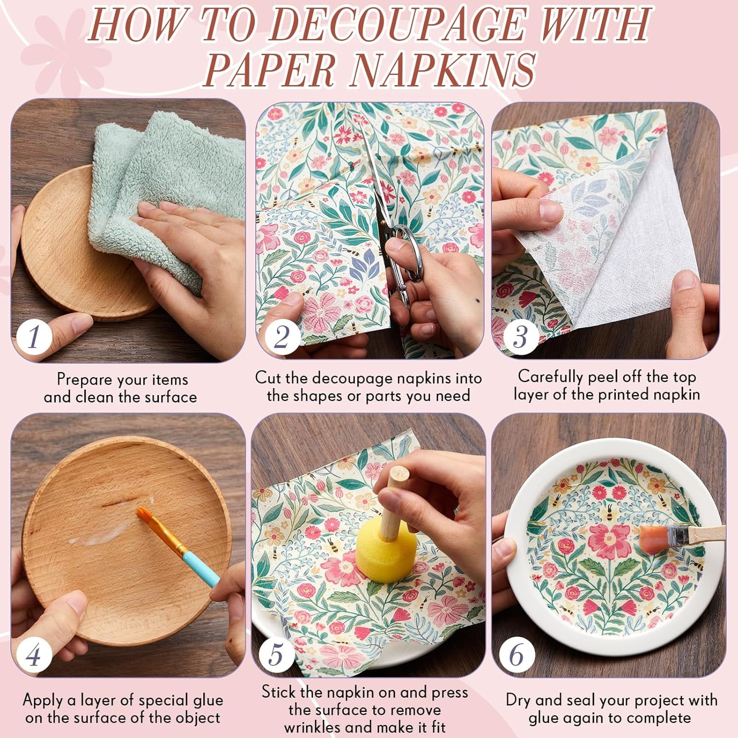 40 Pack Decoupage Napkins Assorted Floral Decorative Decoupage Napkins Cocktail Paper for DIY Crafting Birthday Party, Each Unfolded 13 Inch (Soft Floral)