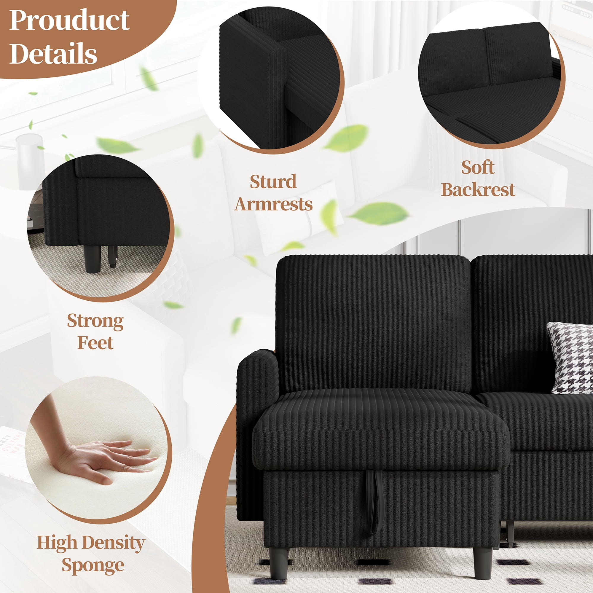 Walsunny Pull Out Sectional Sleeper Sofa Bed L Shape Couches with Reversible Storage Chaise for Living Rooms Small Rooms Apartment,Black