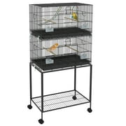 PawHut Double Stackable Bird Cage with Stand, Wooden Swing, Rope Ladder & Wheels for Canaries, Lovebirds Finches, Budgie Cage with Storage Shelf, Removable Tray, Wooden Perches & Food Containers