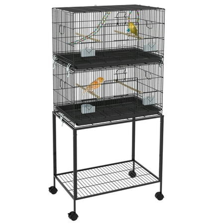 PawHut Double Stackable Bird Cage with Stand, Wooden Swing, Rope Ladder & Wheels for Canaries, Lovebirds Finches, Budgie Cage with Storage Shelf, Removable Tray, Wooden Perches & Food Containers