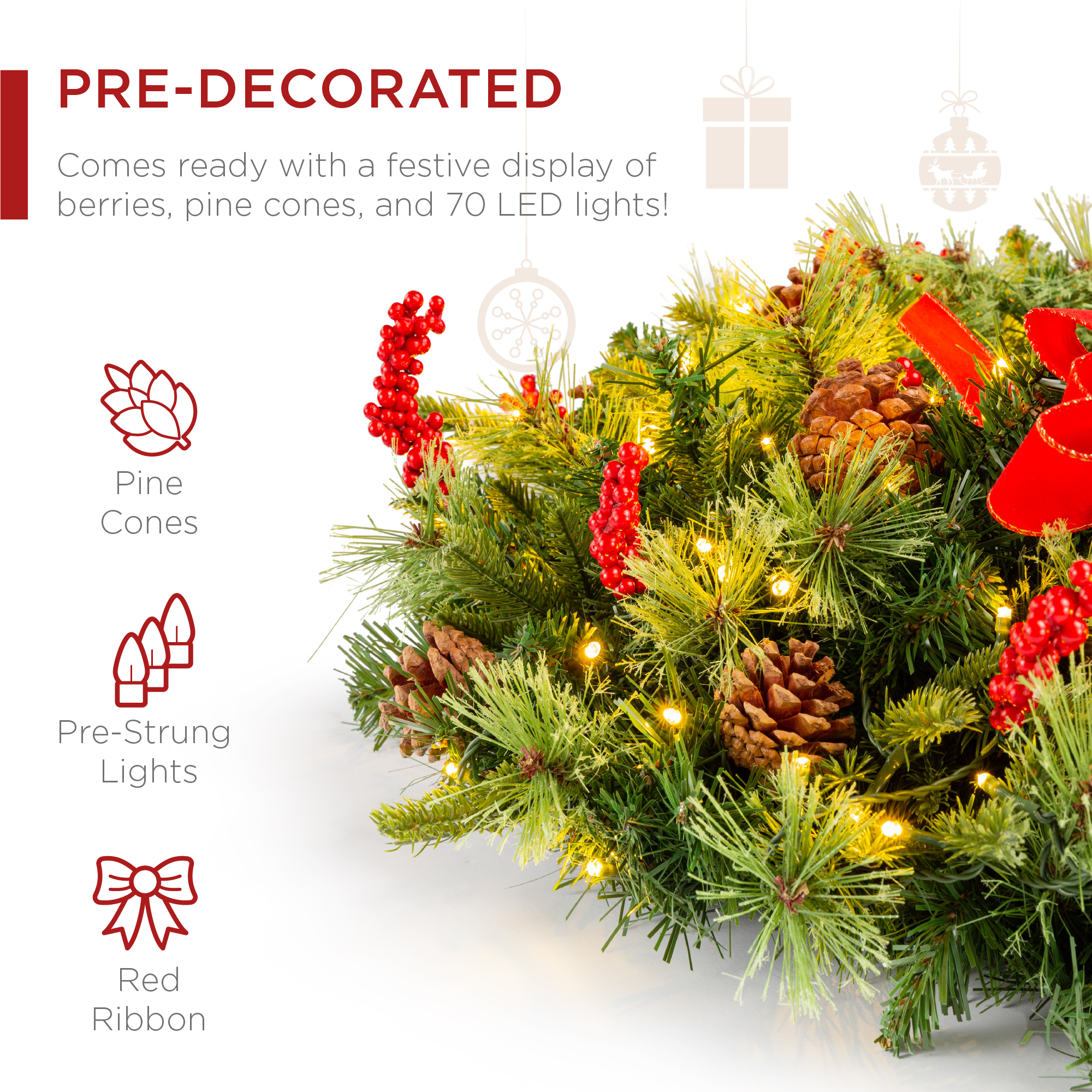 Best Choice Products 24-Inch Pre-Lit Christmas Wreath photo 3