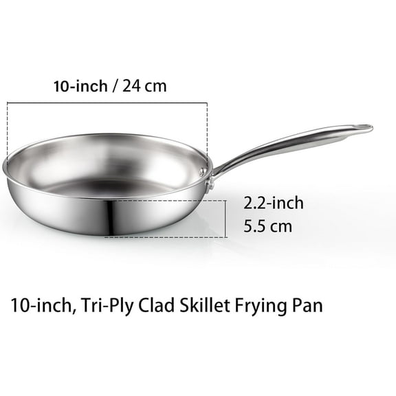 10-inch Stainless Steel Frying Pan, Tri-Ply Clad Cookware, Induction Compatible, Silver