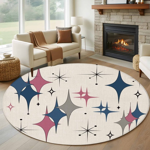 Large Round Rug 8Ft Washable Non-Slip, Red Blue Diamond Circle Area Rugs for Living Room Bedroom, Modern Geometric Middle Century Beige Indoor Floor Mats Carpet Runner for Home Decor