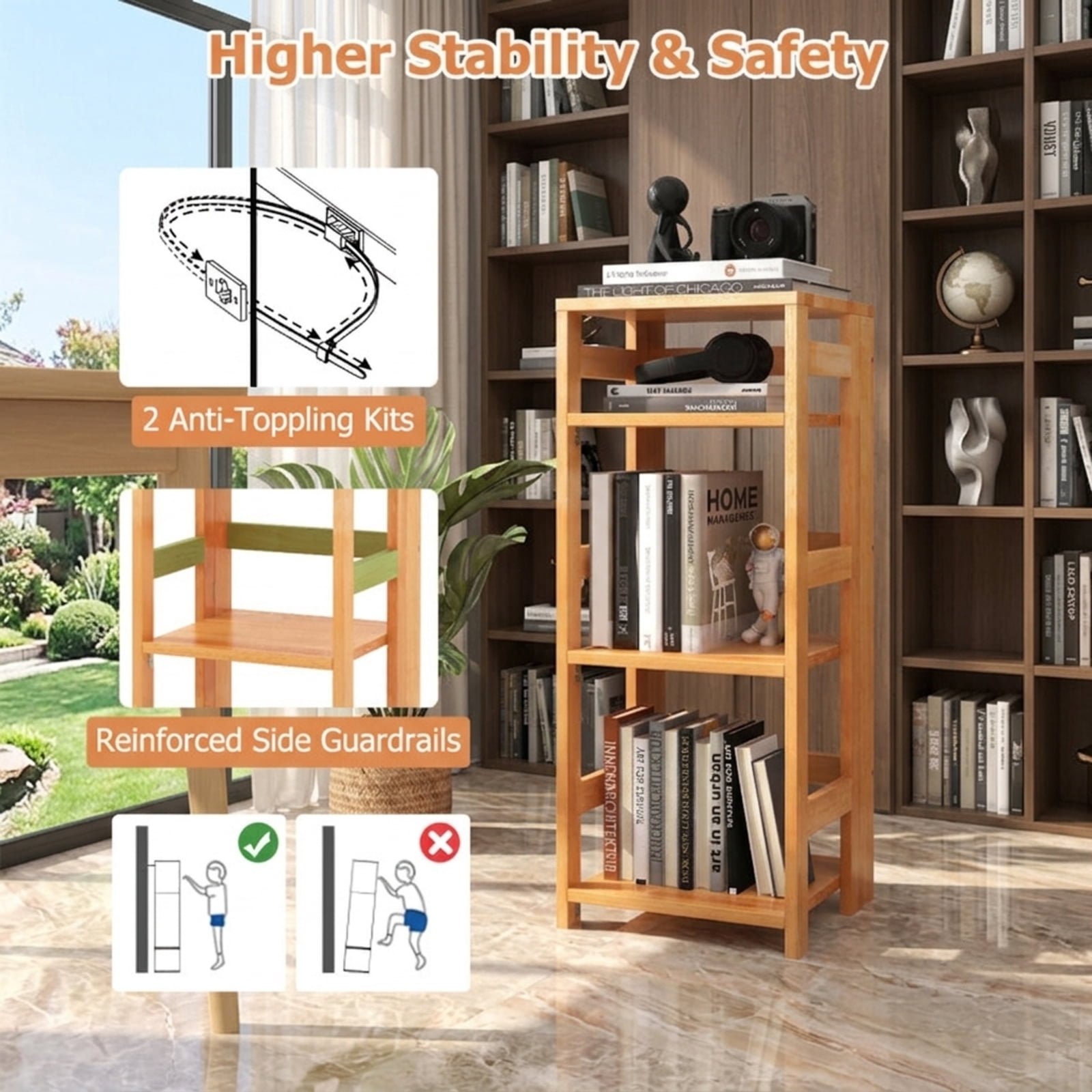 Furnibear 4-Tier Bookshelf Rubber Wood Bookcase with Side Fences for Living Room-14 inches for Living Room Home Office Bedroom Display, Natural