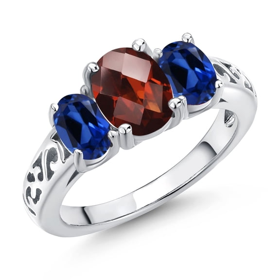 Gem Stone King 925 Sterling Silver Red Garnet and Blue Created Sapphire Filigree Style 3 Stone Ring for Women (2.73 Cttw, Oval 8X6MM and 6X4MM) (Size 5)