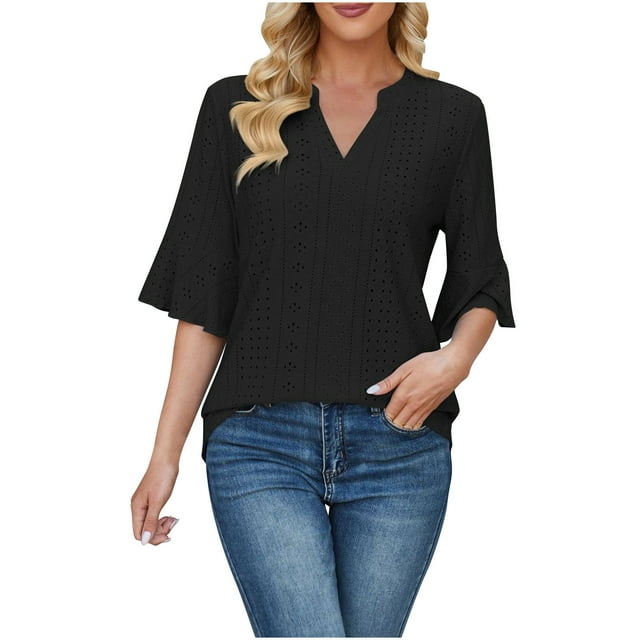 Bowake Womens V Neck Summer Tops Ruffle Half Sleeve Tee Shirts Hollow out Basic Casual Work Blouses Tunic Tops