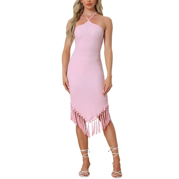 INSPIRE CHIC Vestido de fiesta para mujeres midi elegante con tirantes halter, sin mangas, con flecos, vestido de noche ajustado largo color rosa claro M