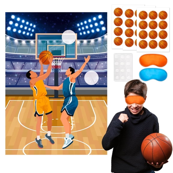 Pin The Basketball on The Hoop Games, 7 Pcs Basketball Pin Game Supplies - Basketball Party Games Poster, Basketballs Stickers & Basketball Game Blindfold etc Basketball Party Decorations Games